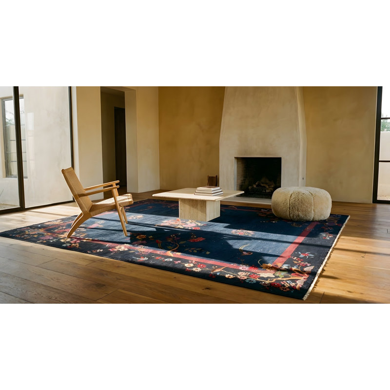 Antique Art Deco Chinese Floral Blue Navy 1920s Rug