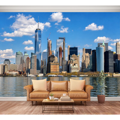 Wall Mural Peel and Stick Modern New York City Skyline Reflective Waterfront Downtown Large Wallpaper Self-Adhesive Removable Contact Paper Wall Decor for Living Room Bedroom Nursery 100"H x 144"W
