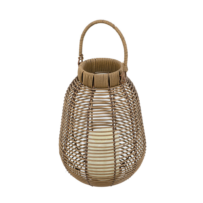 8X8x10.5" Brown Faux Rattan Lantern With White LED Candle And Timer Function, Brown