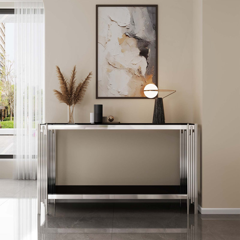 Console supérieure et inférieure en verre trempé à double couche et cadre en acier inoxydable à finition miroir, Argent