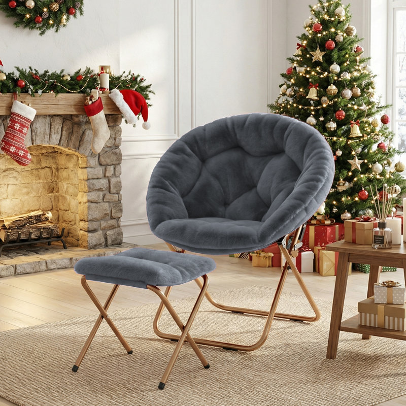 Upholstered Saucer Chair With Ottoman, Folding Papasan Chair Soft Faux Fur Accent Chair For Living Room Bedroom, Gray