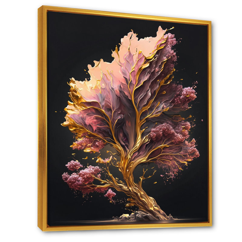 «Evonne Abstract Rose and Gold Leaves II», reproduction sur toile, H 32 po x l 16 po x P 1 po, Toile avec cadre flottant or