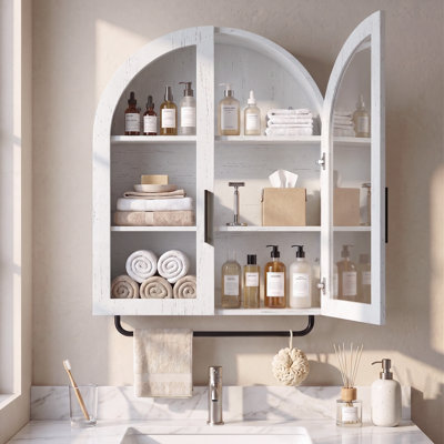 Armoire de salle de bain murale noyer avec plateau courbé
 Portes doubles en verre avec 3 tablettes et porte-serviettes