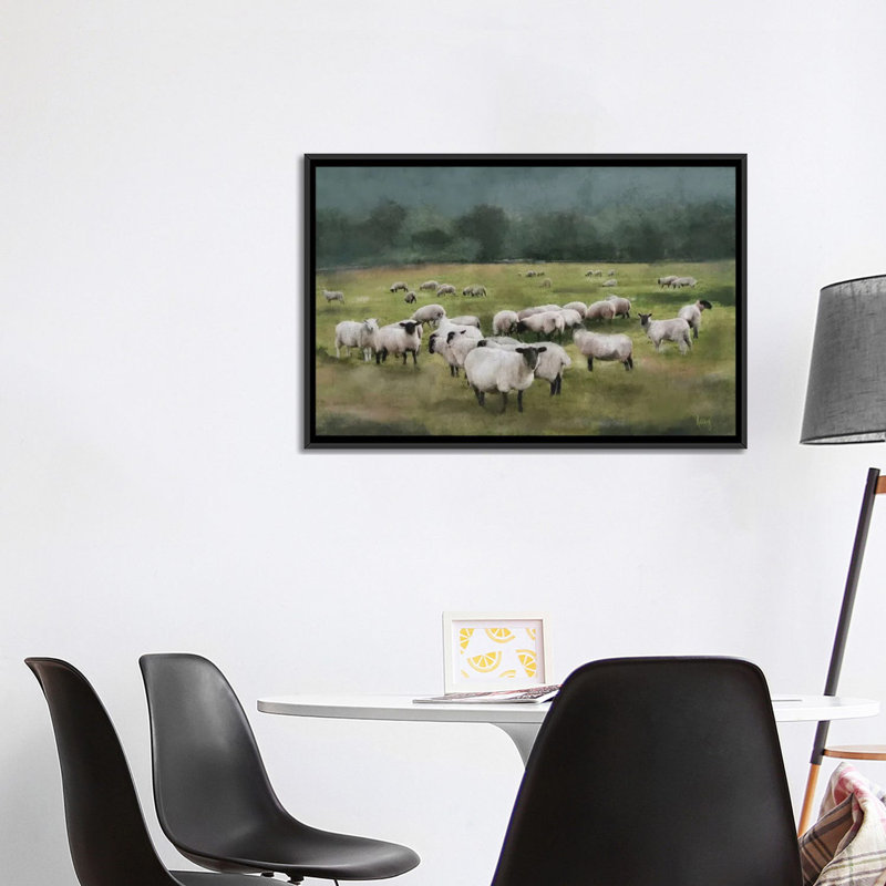Moody Sheepscape, 26" H x 40" W x 1.5" D, Black Floater Framed Canvas, No Mat