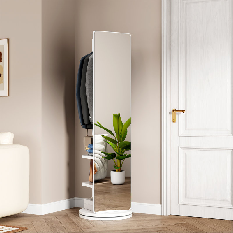 360° Rotating 69"X16" Multifunctional Full Length Mirror With Hook Storage Rack Coat Rack With Mirror Solid Wood Floor Mirror Bedroom Living Room Cloakroom Space Saving