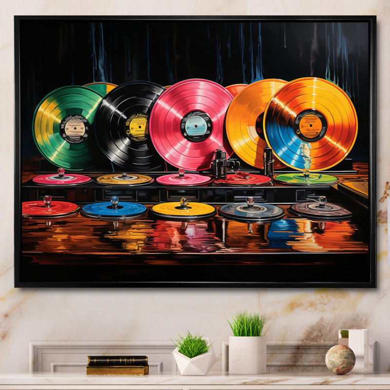 Colorful Colorful Serenade II - Disques vinyle, art mural, Cadre flottant noir, H 34 po x l 44 po x P 1,5 po