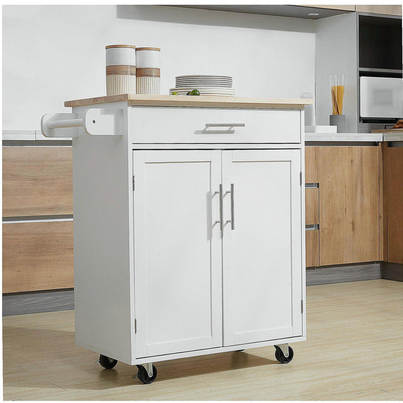 Kitchen island trolley with drawers and towel rack, white, White