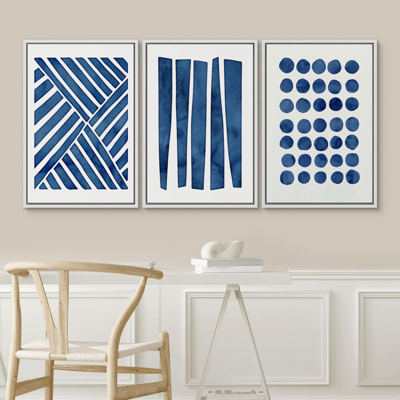 " Blue Geometric Pastel Line Illustrations Modern Bohemian Scenic Ultra " 3 - Pieces, H 24 po x l 16 po x P 1,5 po, Blanc