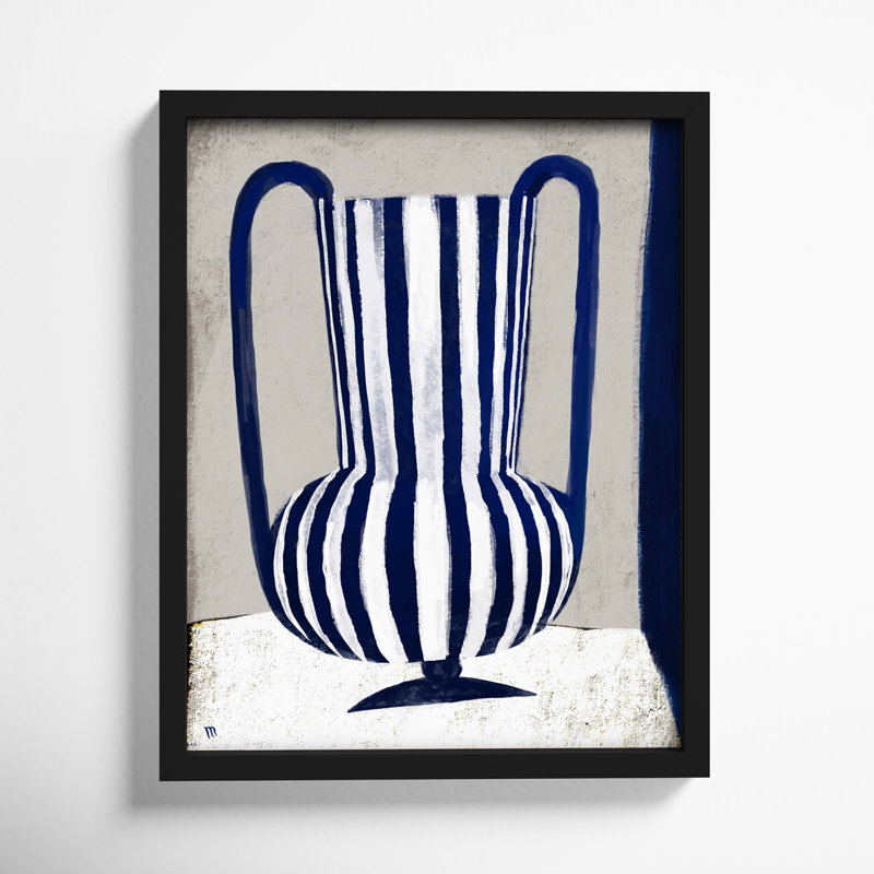 Blue Striped Vase Painting by Marco Marella For Studio M, 16" W x 20" H, Gold Framed Canvas