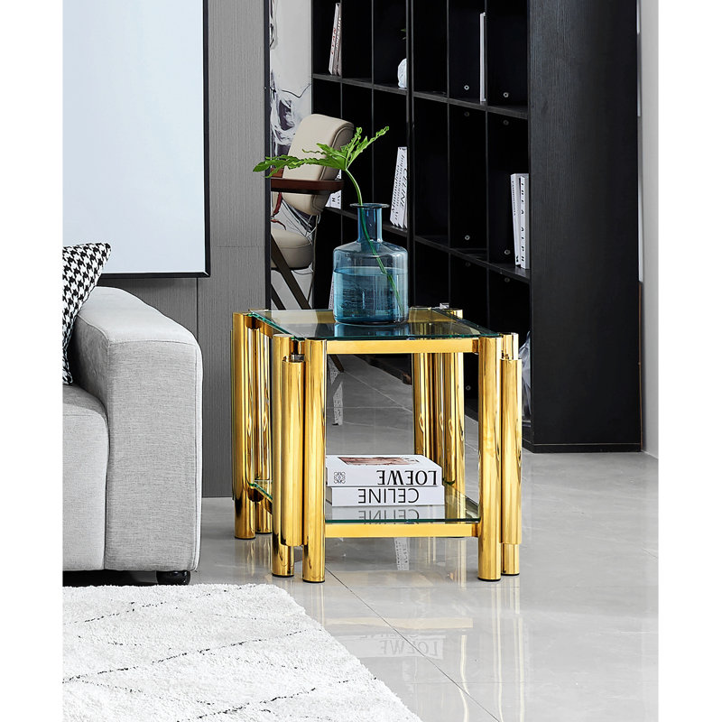 Table de bout carrée en acier inoxydable, verre trempé double couche avec rangement caché, Doré