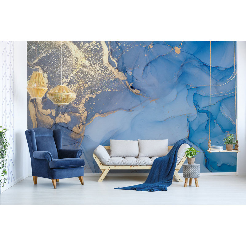 Papier peint abstrait à motif de marbrures abstraites d'aspect marbre bleu, L 105,96 po x l 187 po