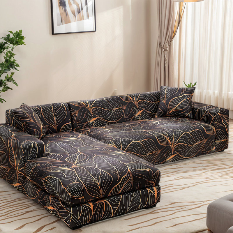 Housse pour canapé modulaire en L, housse extensible 2 pièces avec bords élastiques et 2 housses de coussin, housse de protection pour meubles imprimée