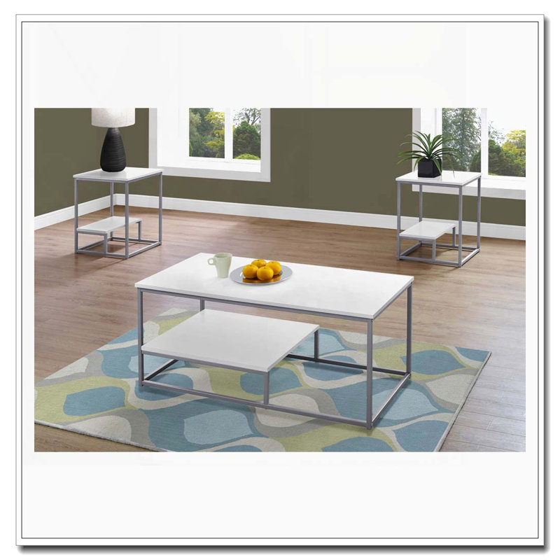 Ensemble de 3 tables basses et tables de bout avec tablette de rangement, Gris/noir