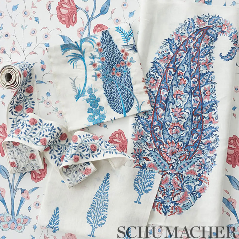 Khilana Floral Fabric, Delft/Rose