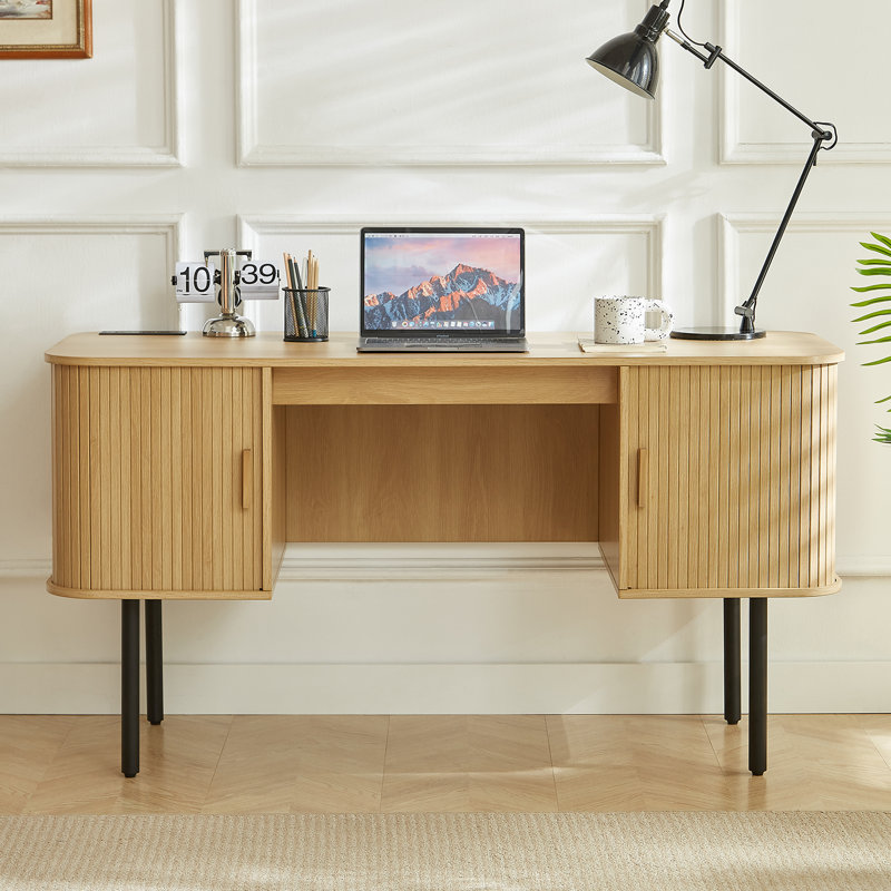 Bureau d'ordinateur de 55 po avec 2 armoires de rangement, bureau de direction Mid-Century avec station de charge, grand bureau moderne avec pieds en métal réglables