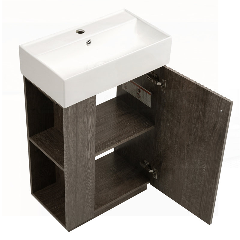 Meuble-lavabo autoportant moderne avec lavabo en céramique, armoire à grain de bois et rangement ouvert et fermé pour petits espaces