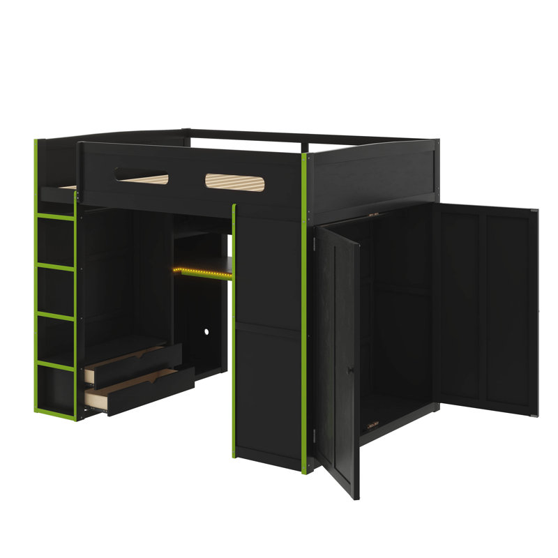 Lit mezzanine en bois pleine grandeur équipé d'un bureau, d'une armoire, d'une capacité de rangement généreuse et d'un éclairage à DEL RVB
