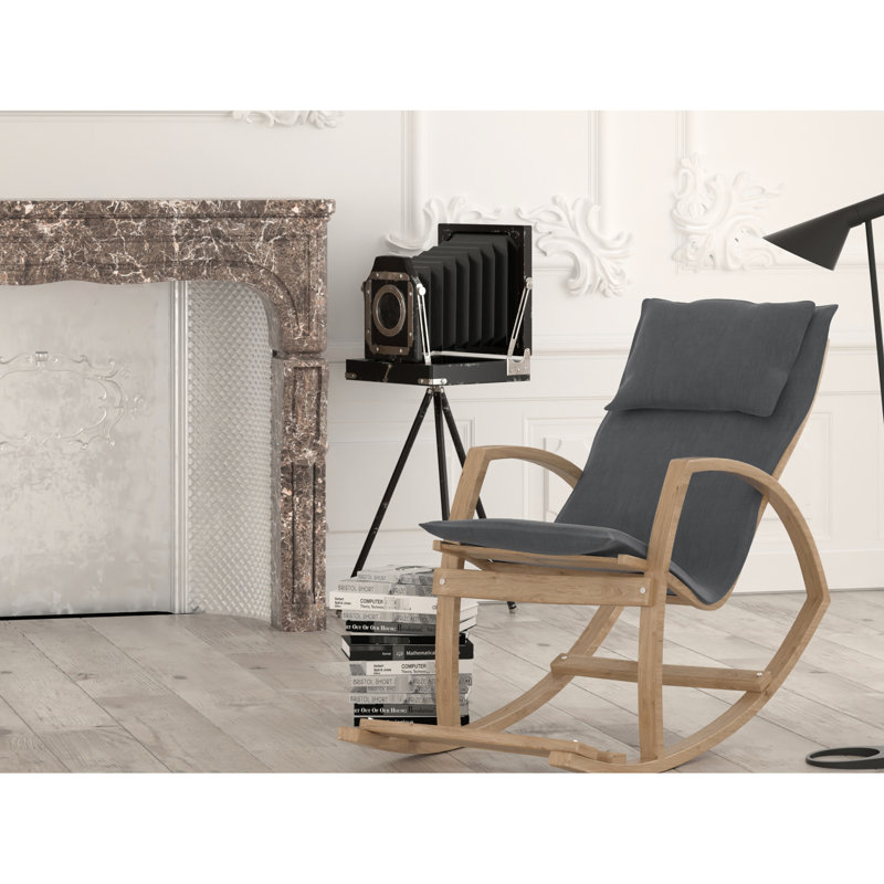 Fauteuil berçant rembourré gris foncé avec structure en bois, idéal pour les salons faciles à assembler et durables, Gris