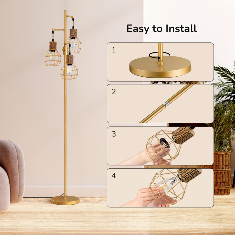 Gold 65" Rattan Tree Floor Lamp with Dimmable Bulbs