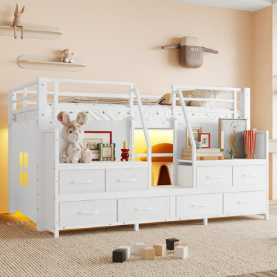 Lit simple mezzanine bas avec plusieurs espaces de rangement, tiroirs en tissu non tissé, tablettes, lit mezzanine en métal avec lumières et espaces indépendants sous le lit, aucun sommier nécessaire