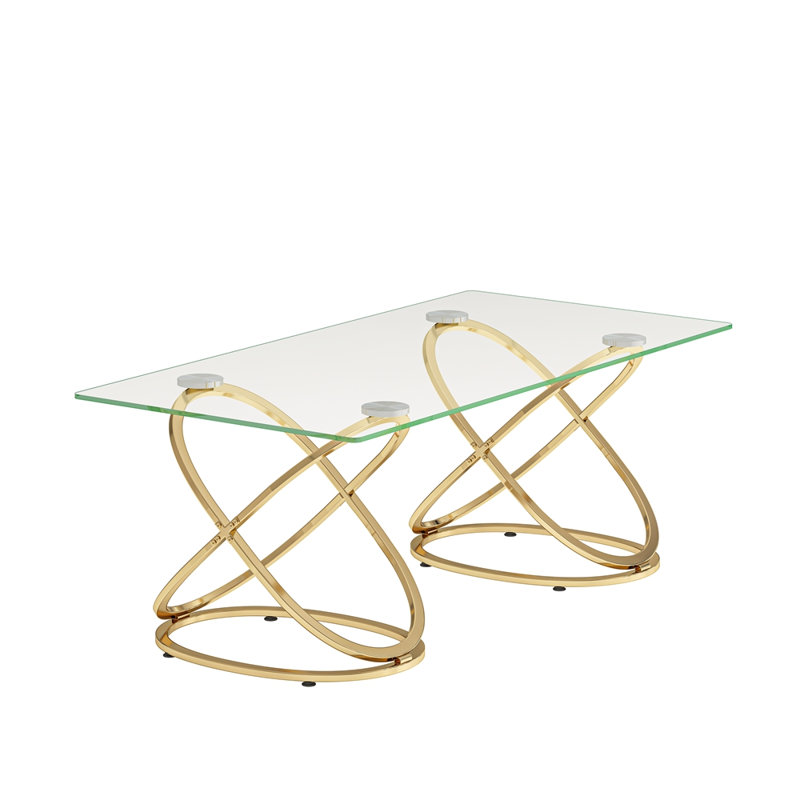 Table basse 31,50 "avec cadre en métal et verre trempé transparent, Gold