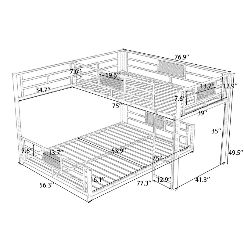 Ardeha Twin Over Full Metal Bunk Bed With Guardrails, White