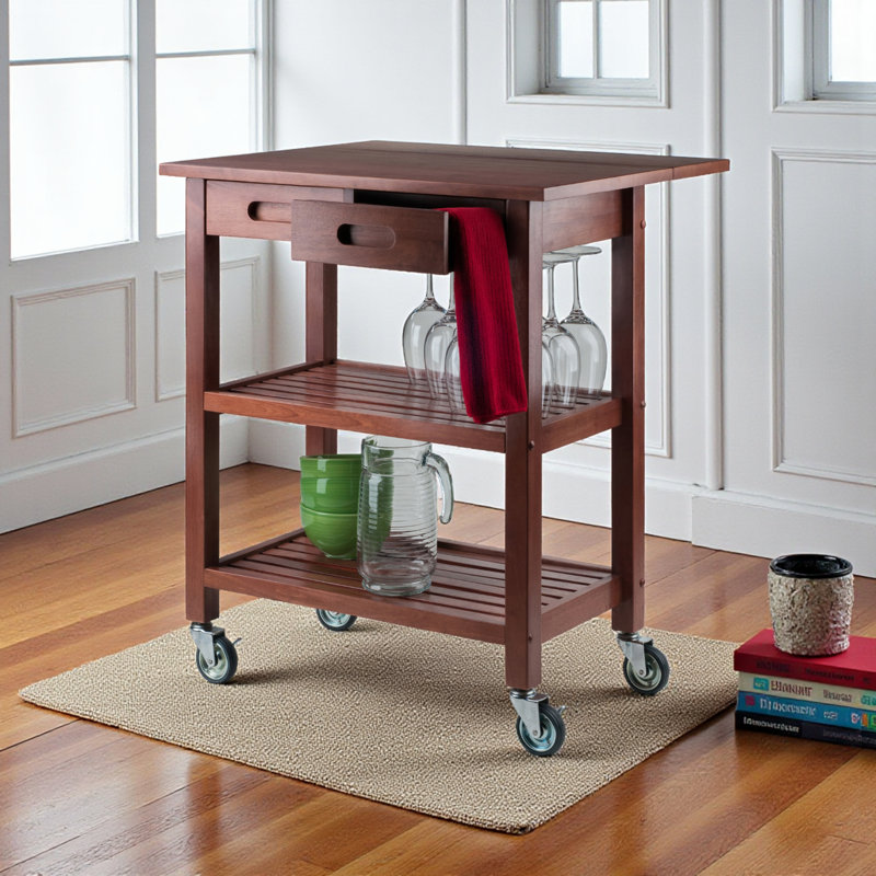 Jonathan Utility Cart with Wheels and Drawers in Walnut, 32.90" H X 28.05" W X 23.40" D