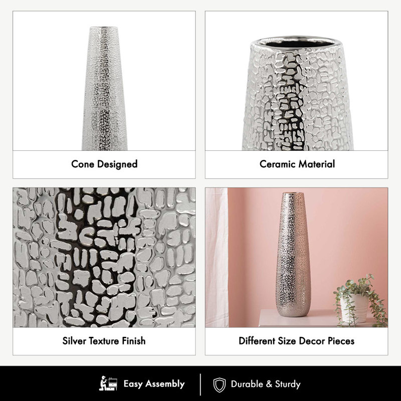 Ceramic Vase For Living Room Furniture, Luxury Handmade Table Vase in Silver, 38.8cm H x 11.5cm W x 11.15cm D