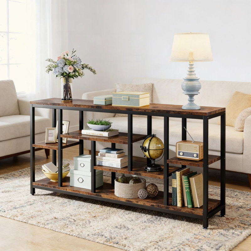 Industrial Console Table With Storage Shelves, Narrow Entryway Accent Table For Living Room, Rustic Brown/Black