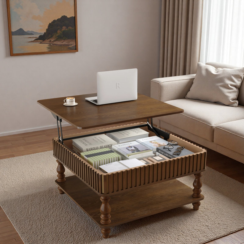 Square Fluted Lift-Top Coffee Table with Hidden & Open Storage, 18.11" H x 31.5" W x 31.5" D, Walnut