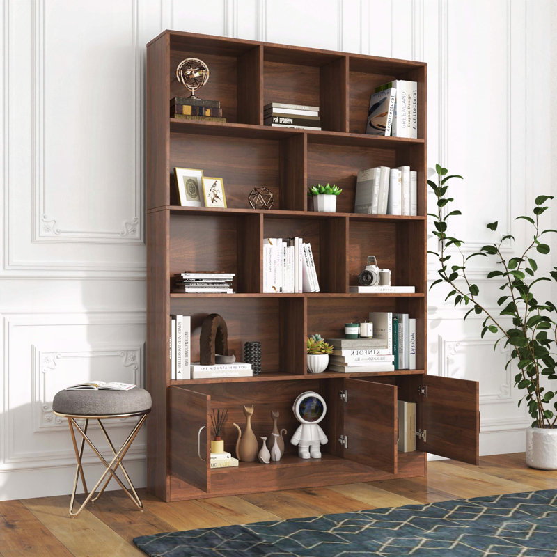 Bibliothèque haute avec 10 cubes et 3 portes, Noyer