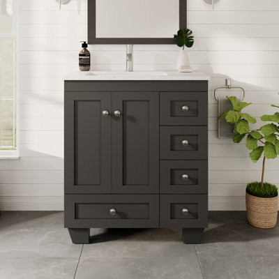 Meuble-lavabo simple 28 po avec comptoir en quartz Carrara et lavabo en porcelaine encastré Happy