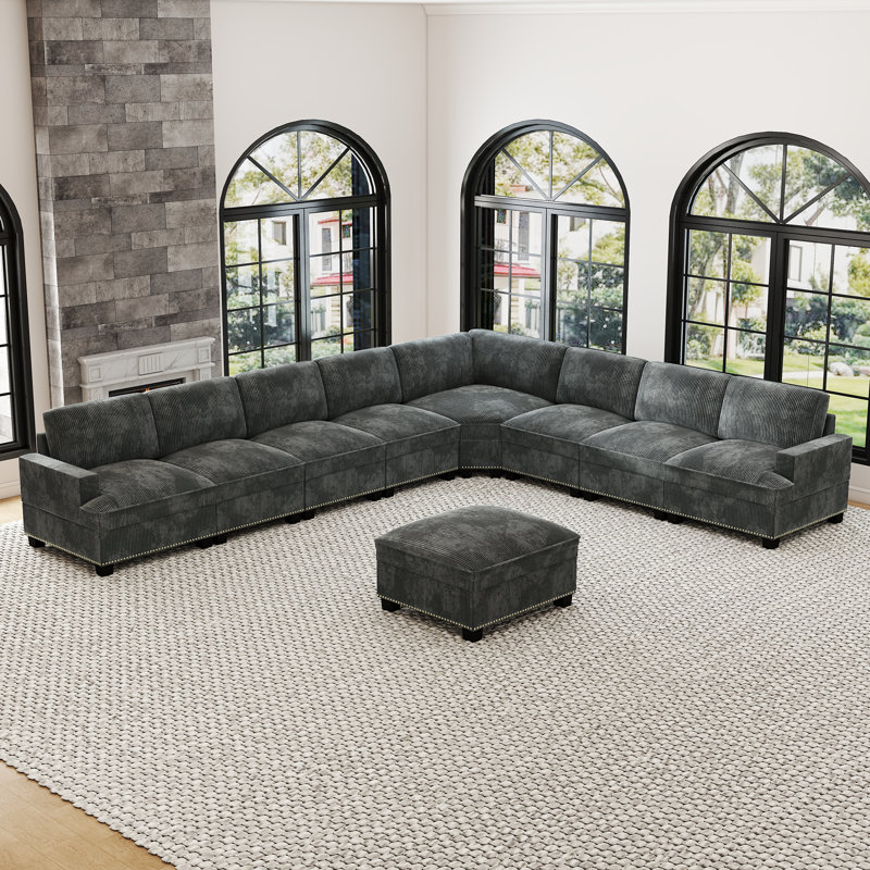 Spacious 9-Piece Corduroy Nailhead-Trimmed Corner Sectional Sofa, Couch With Ottoman, Gray Corduroy