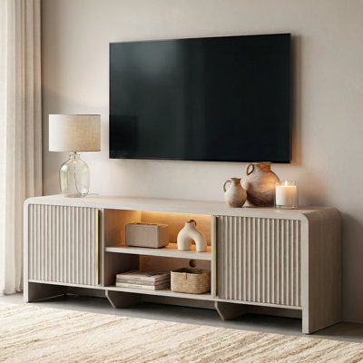 70" Fluted TV Stand up to 80" Television with 3-Color LED Light, Modern Television Console Storage Cabinet with Adjustable Open Shelf for Living Room