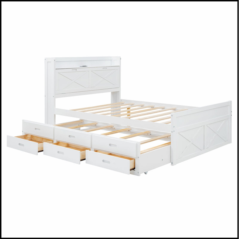 Lit en bois élégant avec tête de lit et prises de rangement pour une organisation et un confort améliorés, Lit double, Blanc