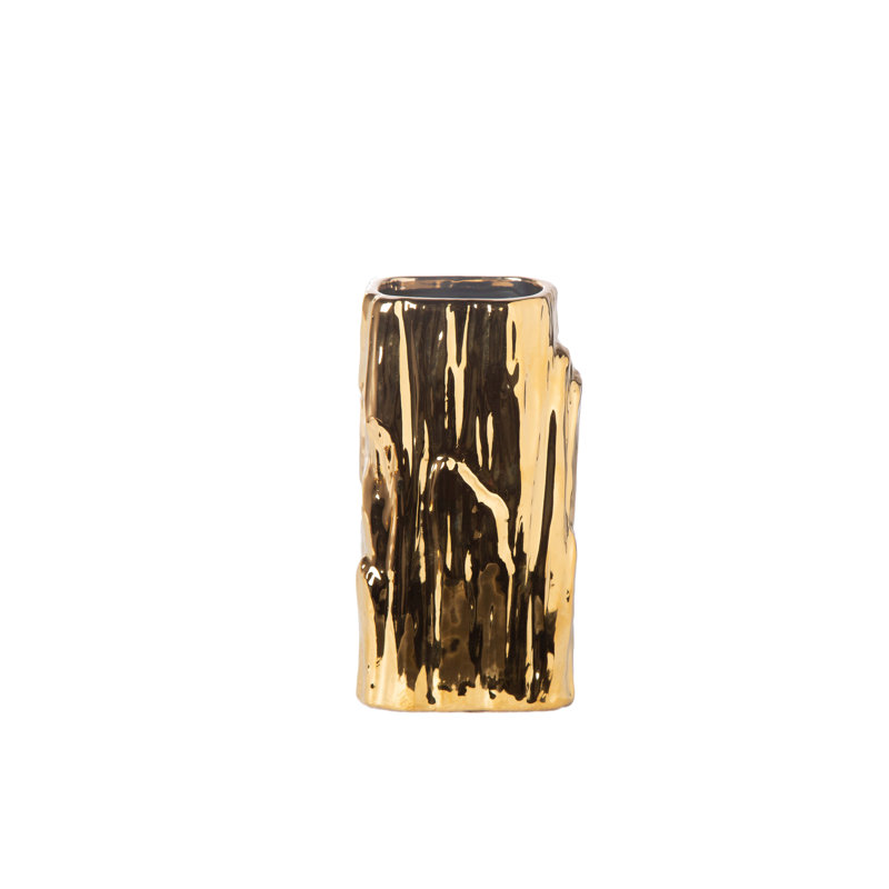Ceramic Tall Round Vase with Embossed Pinnacle Abstract Design Body LG Gloss Finish Gold, 8.25" H x 4.25" W x 3.25" D