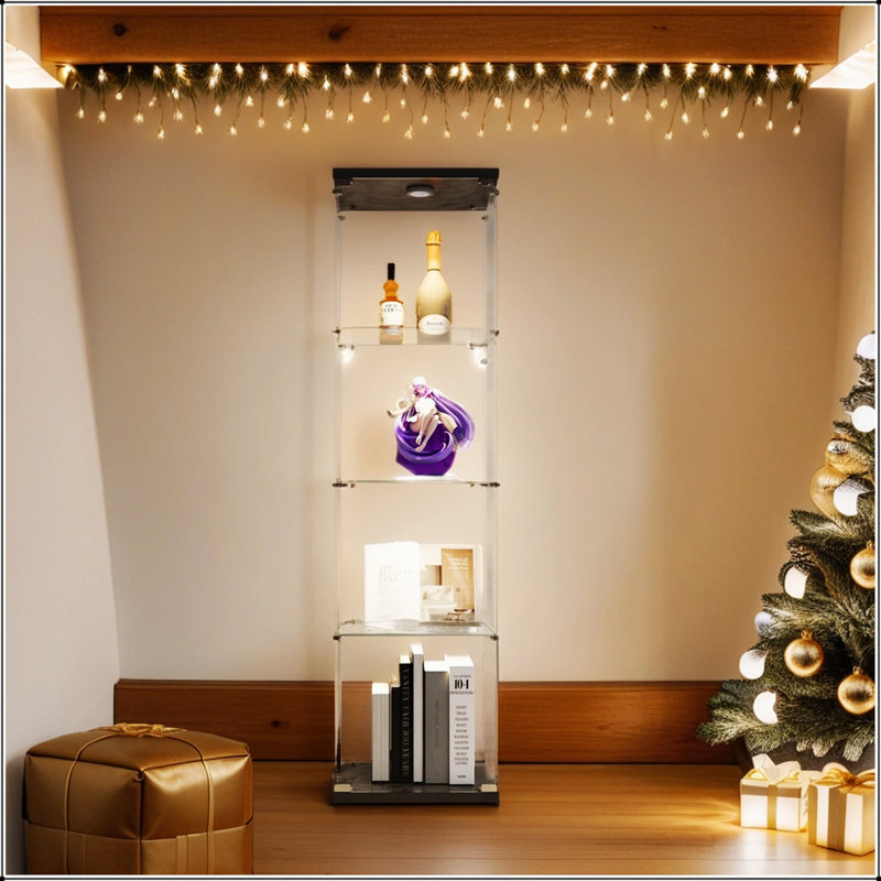 Compact Lighted 4-Shelf Glass Display Cabinet With One Door, For Showcasing Collectibles And Saving Space, Black