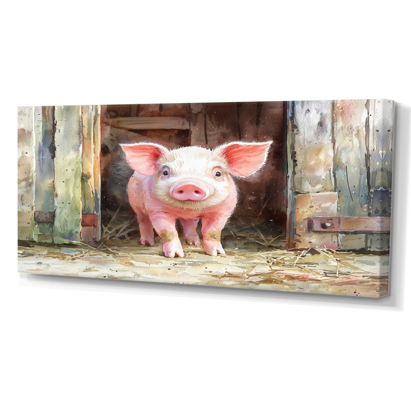 «Cute Farm Pig Portrait - Art mural encadré de cochon», Toile tendue, 16" H x 32" W