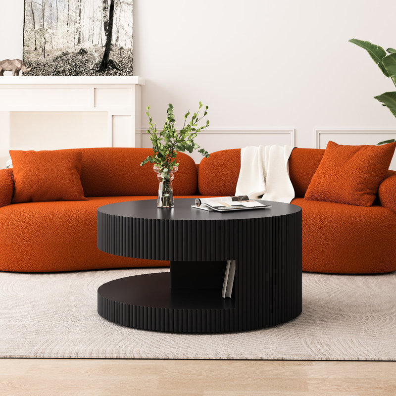Table de bout moderne 31,5 po ronde, noire. Élégant pour tous les espaces. Fabrication, espace de rangement supplémentaire Table basse ronde noire 31,5 po, avec rayures verticales et fonctionnalité, salon et chambre à coucher, facile à