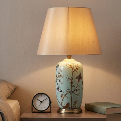 Vintage Floral Ceramic Table Lamp - Glazed Ceramic Base Retro Design Fabric Shade Hand Finished 1m Cable Switch for Home Decor