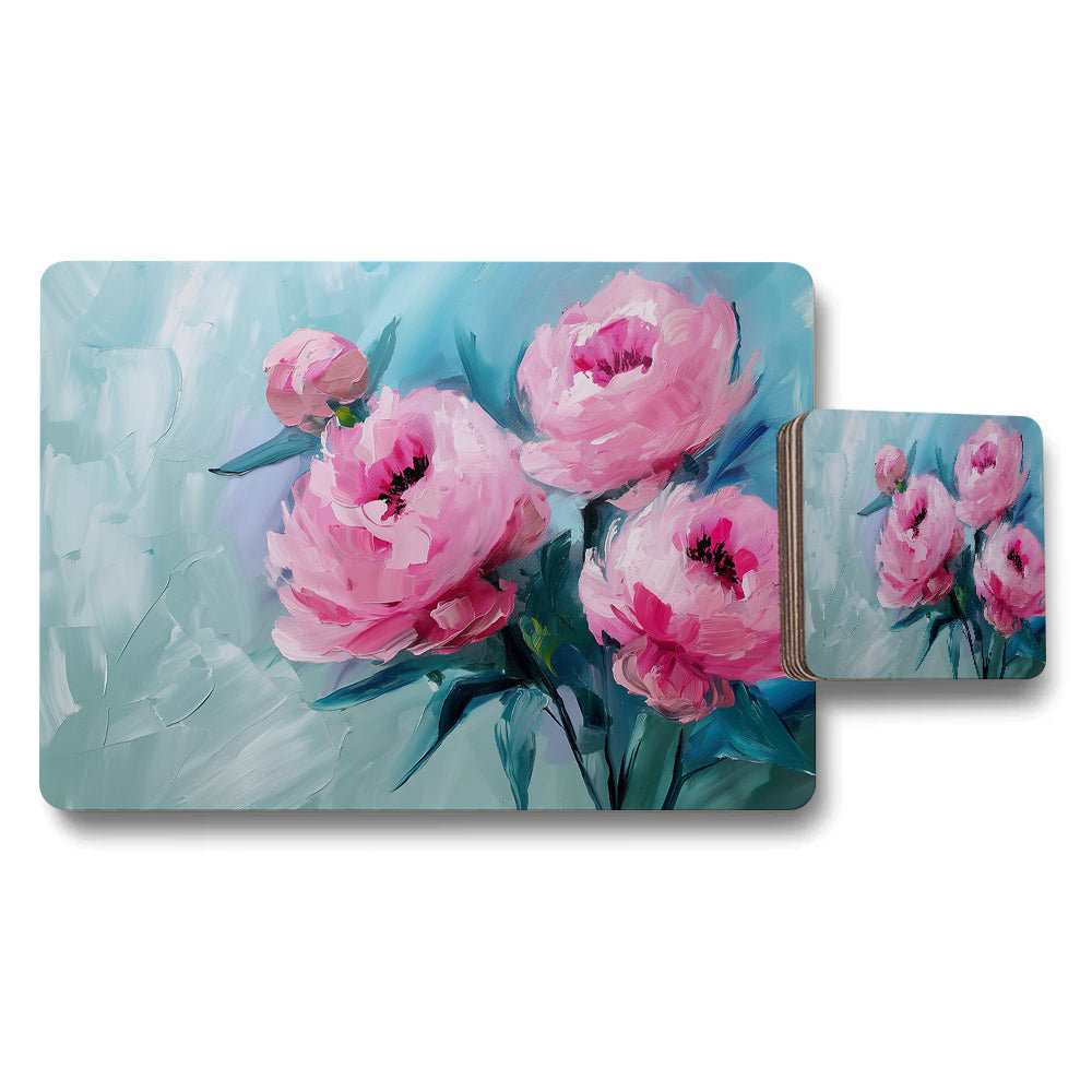 Pink Peony Placemat And Coaster Set Floral Kitchen Decor