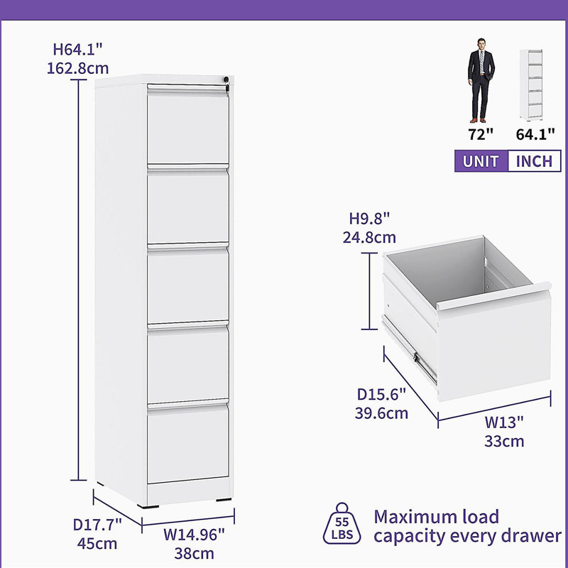 5 Drawer Metal Vertical File Cabinet with Lock Office Home Steel Vertical File Cabinet, White