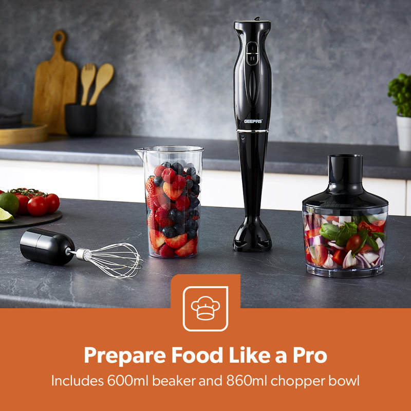 GEEPAS 4-in-1 Hand Blender with Electric Whisk, 860ML Vegetable Chopper & 600ML Beaker | 200W Stick Blender, Soup Mixer, Hand Immersion blender| Mini Food Processor for Baby Food Soup Fruits Egg Whisk