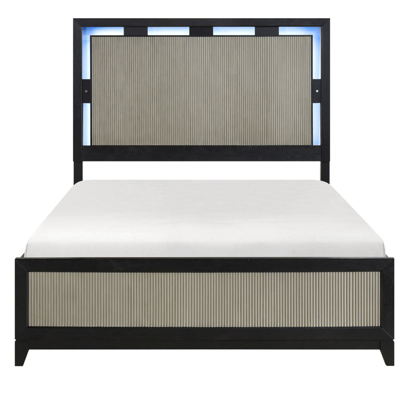 Grand lit contemporain en bois massif, cadre gris anthracite, panneaux gris et tête de lit équipée à DEL pour chambre à coucher, panneaux, rétroéclairage intégré