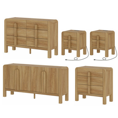 5 Pcs Dresser And Nightstand Sets For Bedroom,Night Stand Set Of 2, Mid-Century Modern Bedroom Set With Curved Profile Design, Wooden Storage Cabinet