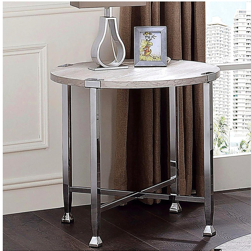 Table de bout ronde avec support en forme de X, chêne blanc et chrome