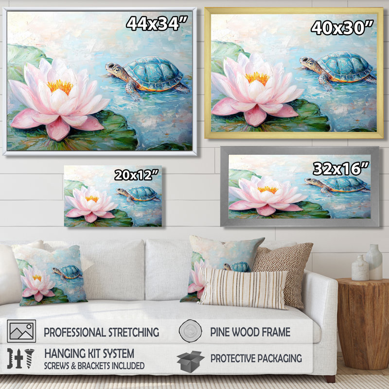 «Turtle In The Water Lily II», reproduction sur toile, H 16 po x l 32 po, Reproduction encadrée d'une seule photo sans pass