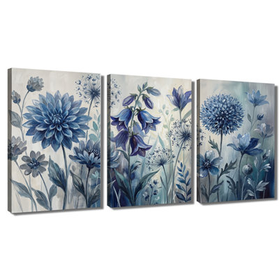 Blue Wildflowers Floral - ensemble de 3 impressions sur toiles tendues avec châssis de qualité supérieure
