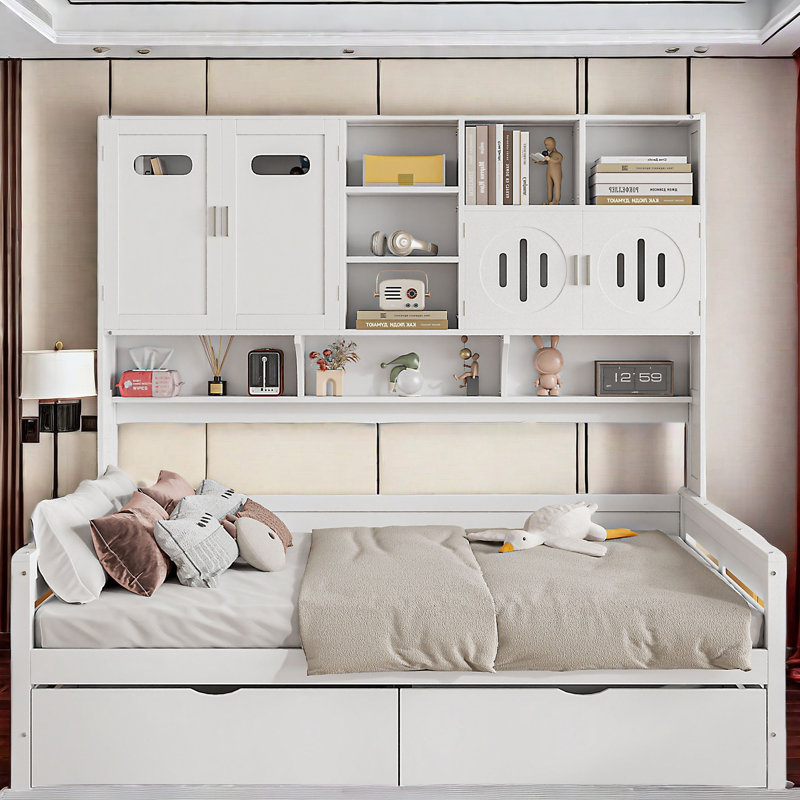 Lit de jour en bois tout-en-un Bellinger avec 2 tiroirs, armoires et tablettes, Complet/Double, Blanc / Blanc