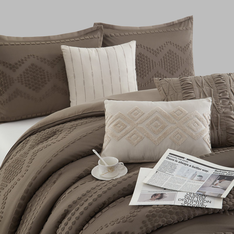 Ensemble d'édredon jacquard géométrique 7 pièces Whki, Brun, Grand lit